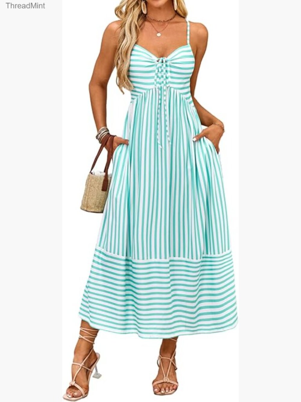 Summer Maxi Dress Striped Boho Spaghetti Strap Tie Back Pockets